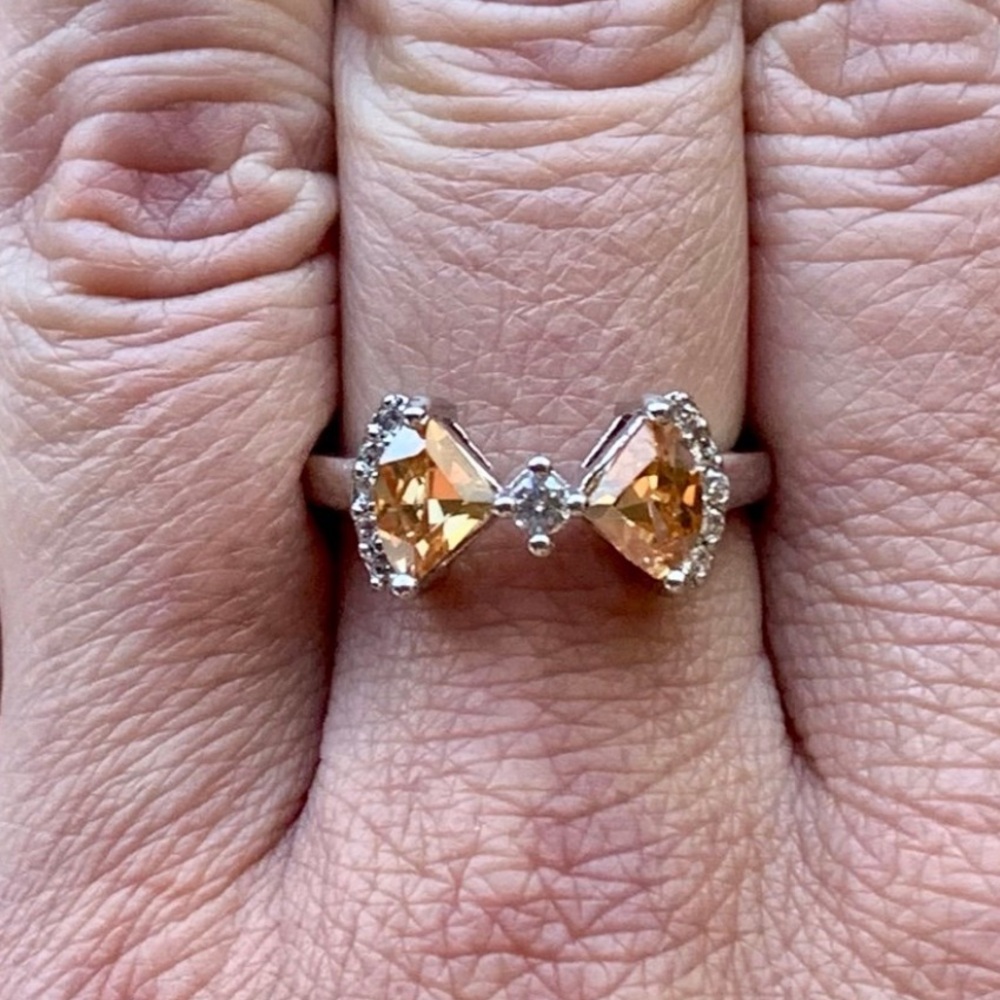 18K White Gold Genuine Citrine Pave Diamonds Bow Ring